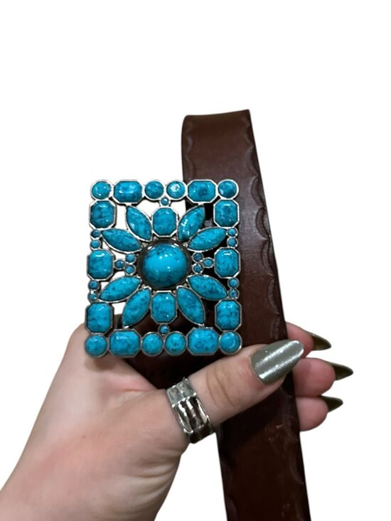 Brown Genuine Leather Western Belt with Turquoise Stone